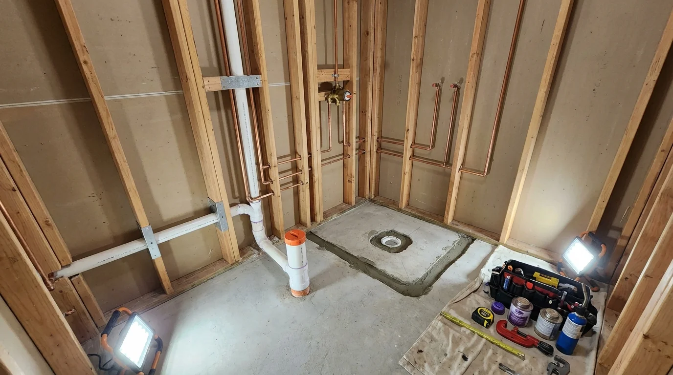 Bathroom rough-in plumbing during remodel by Johns Plumbing LLC in East Spencer