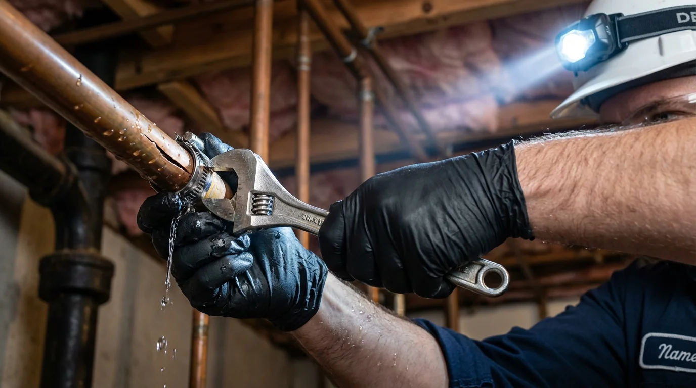 Emergency pipe clamp repair being performed by a Johns Plumbing LLC plumber in East Spencer