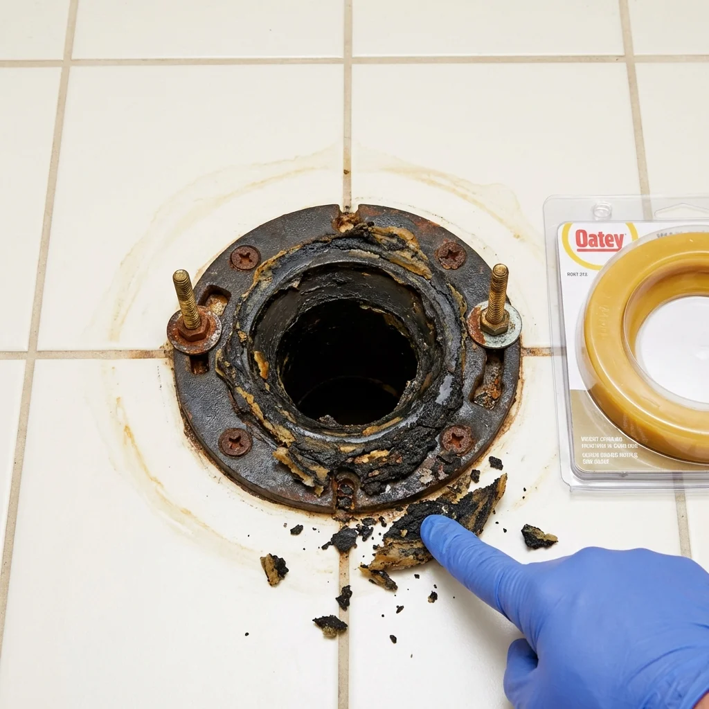 Failed wax ring showing water seepage at the base of a toilet in a East Spencer, NC home