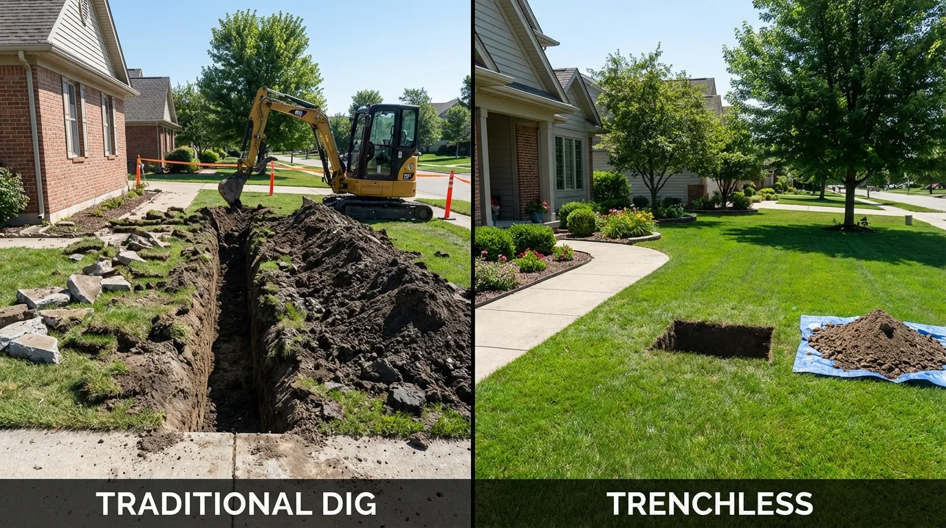 Trenchless sewer repair with minimal yard damage versus traditional excavation in East Spencer, NC