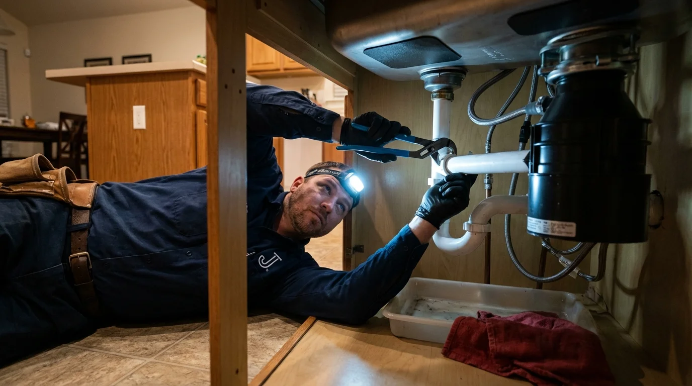 P-trap and supply line connections under a kitchen sink showing a common leak point in East Spencer, NC